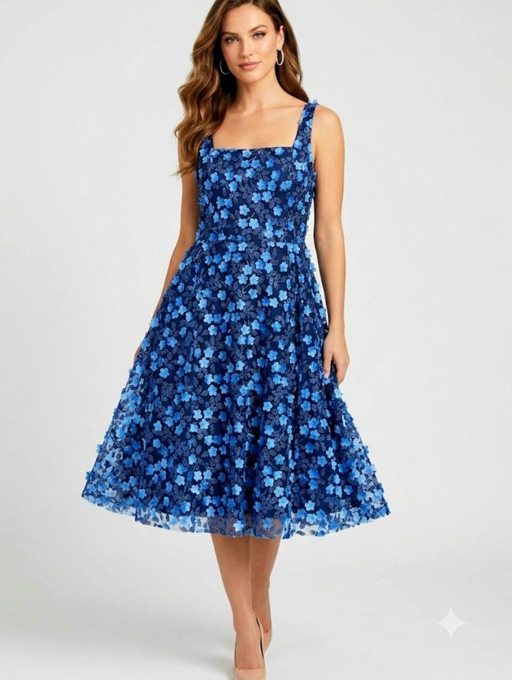 Xscape Blue 3D Floral Applique Square-Neck Fit & Flare Midi Dress Size 16 - Picture 3 of 11